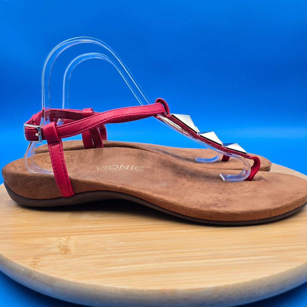 Vionic Nala Red‎ Leather Studded T-Strap Sandals Orthotic Support Womens 10